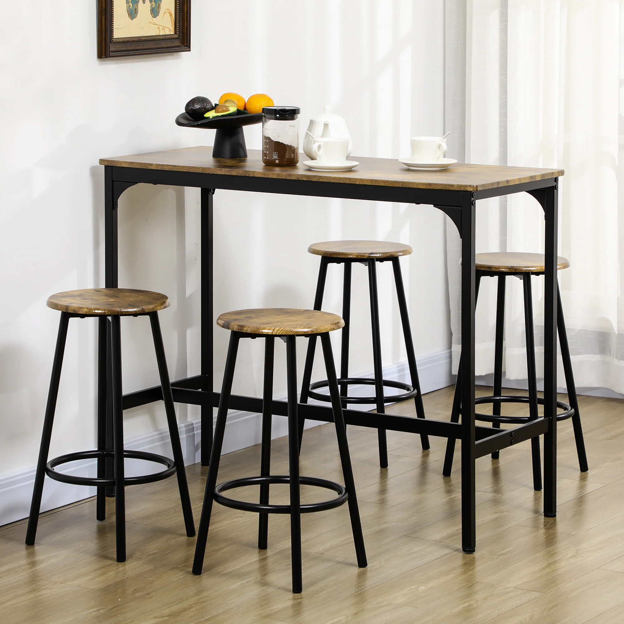 HOMCOM 5-delig. Bartafelset met industrieel design, 1 bartafel, 4 barkrukken, bankstel, aanrecht, zwart+bruin