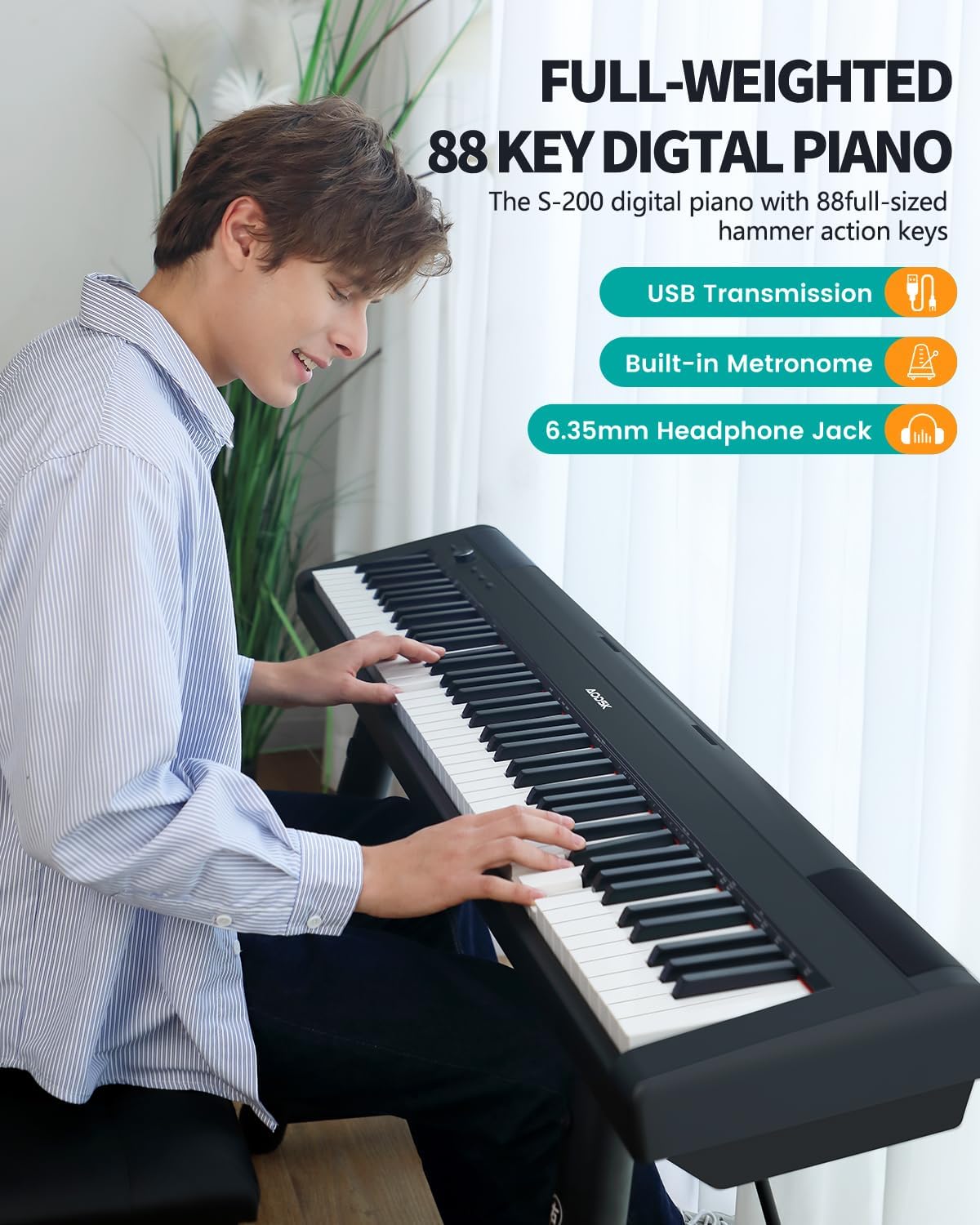 AODSK S-200 88-Key Weighted Digital Piano, Hammer Action, Black, with Sustain Pedal & Stereo Speakers