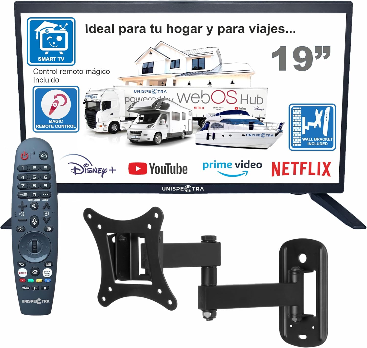 Unispectra ® 19 inch Smart TV (webOS) ELED + Magic Remote. 230 V 24 V. Triple Tuner TDT, Sat and Cable. 3 x HDMI. 12 V TVs for Motorhomes, Caravans TV, Trucks, Boats