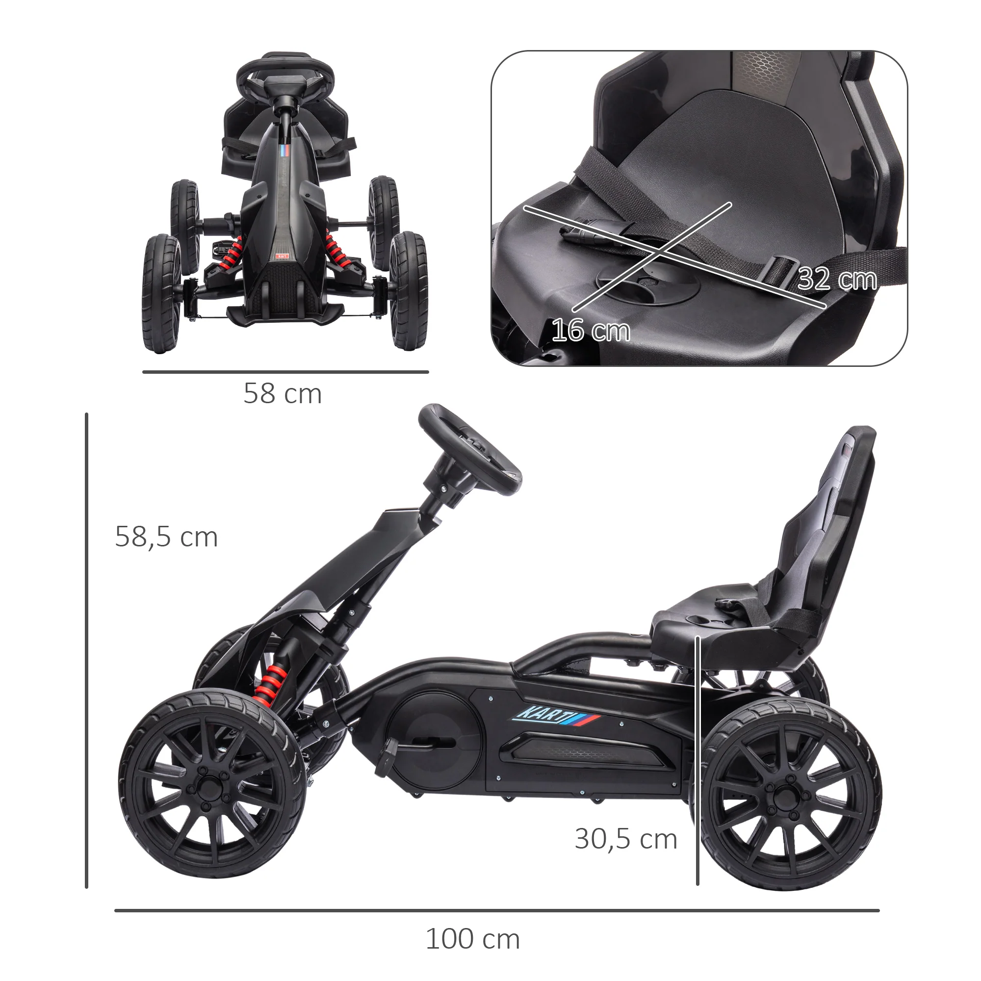 HOMCOM Go-Kart Kinderrijtuig met Verstelbare Zitting, Trapvoertuig, Trapauto met Handrem, 3-8 Jaar, Buiten, Zwart