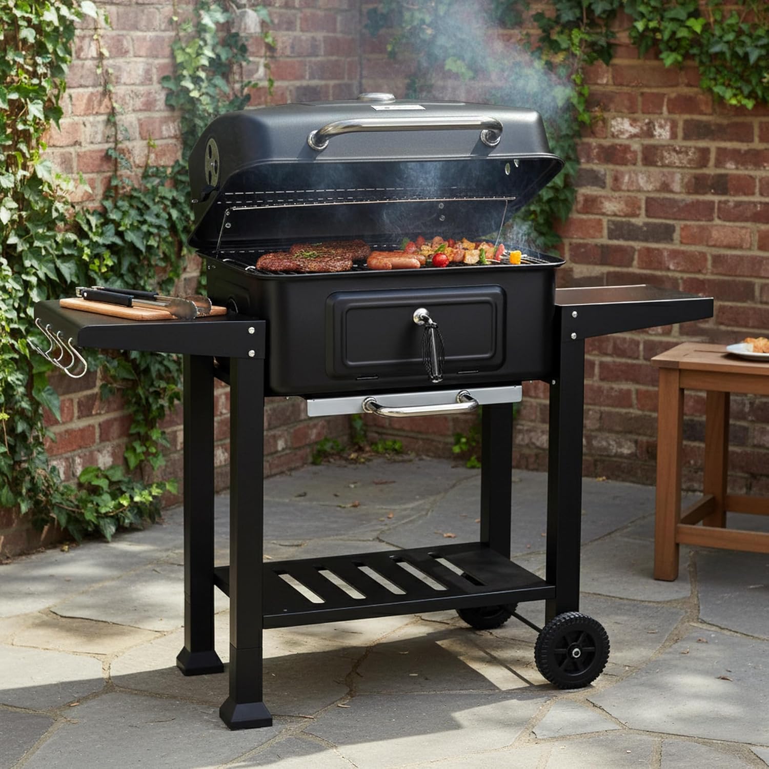 BBQ-Toro Kolgrillvagn med höjdjusterbar kolskål | Kolgrill med lock, Kolgrillvagn med termometer | Trägrill, rök, Kol, XXL-grill, stor kolgrill