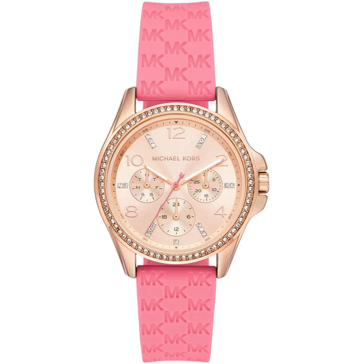 Michael Kors Mini Pilot Pavé Chronograph Rose Gold Dial Logo Silicone Women's Watch - MK7375