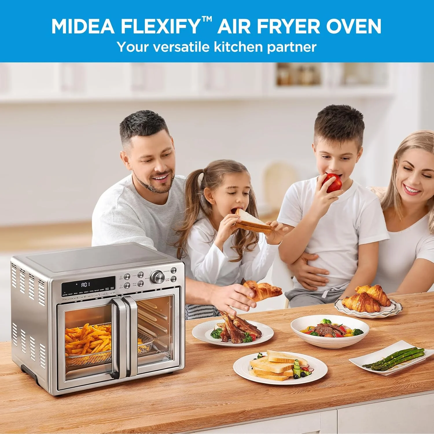 Flexify French Door Toaster Oven Air Fryer Combo, 26.4 QT, Extra Large Air Fryer Countertop Oven 10-in-1 Combo, 25% Faster Cooking and 90% Less Oil, Stainless Steel