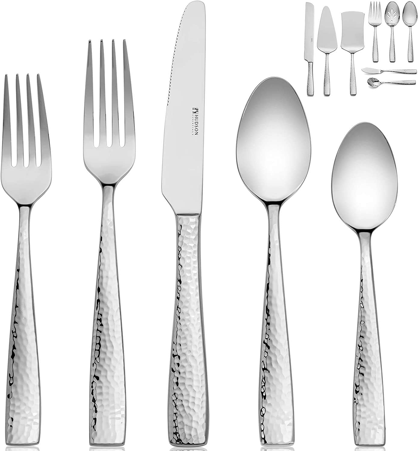 Hudson Essentials 68-Piece Hammered 18/10 Stainless Steel Silverware Cutlery Set with Serving Set, Flatware Service for 12 (68-Piece Set)