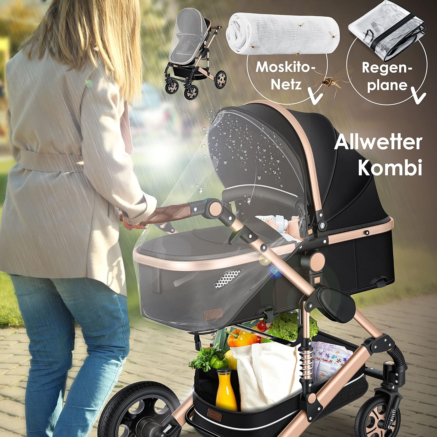 KESSER® Loops 3 in 1 Kinderwagen Kombikinderwagen Komplett-Set inkl. Babywanne & Buggy Sportsitz & Auto-Babyschale Voll-Gummireifen Wickeltasche Regenschutz Kindertisch ECE R129, Grau/Silber