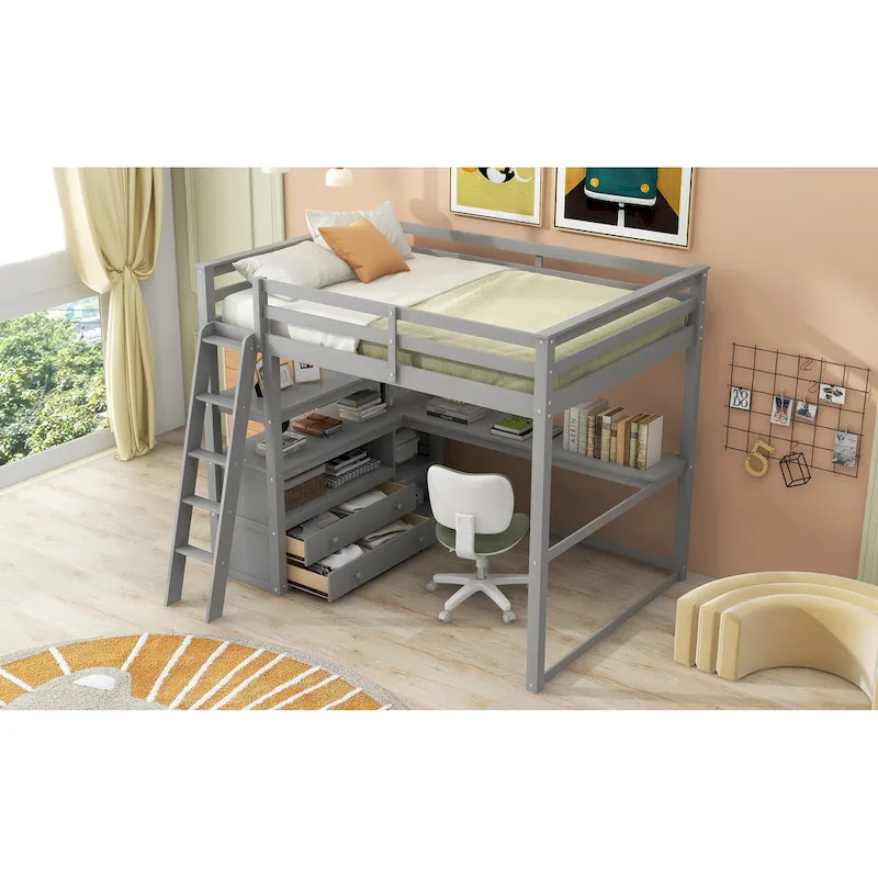 Gray Full-Size Loft Bed with Desk, Shelves, and Two Built-In Drawers
