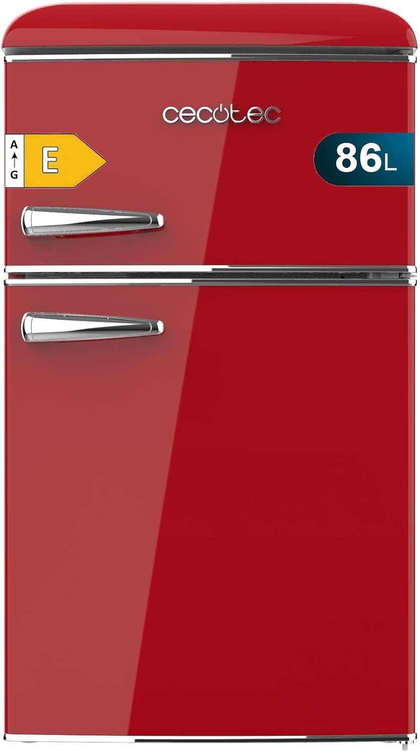 Cecotec Nevera Pequeña - Frigorífico 2 Puertas - Retro 86L - Bolero CoolMarket 2D Origin 86 Red E. 89,3cm de Alto y 48,7cm de Ancho, Clase Energética E, Icebox, Luz Interior y Tirador Cromado, Rojo