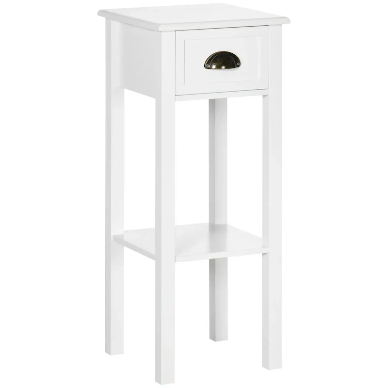 White 2-Tier Narrow Side Table with Drawer and Bottom Shelf for Living Room or Bedroom