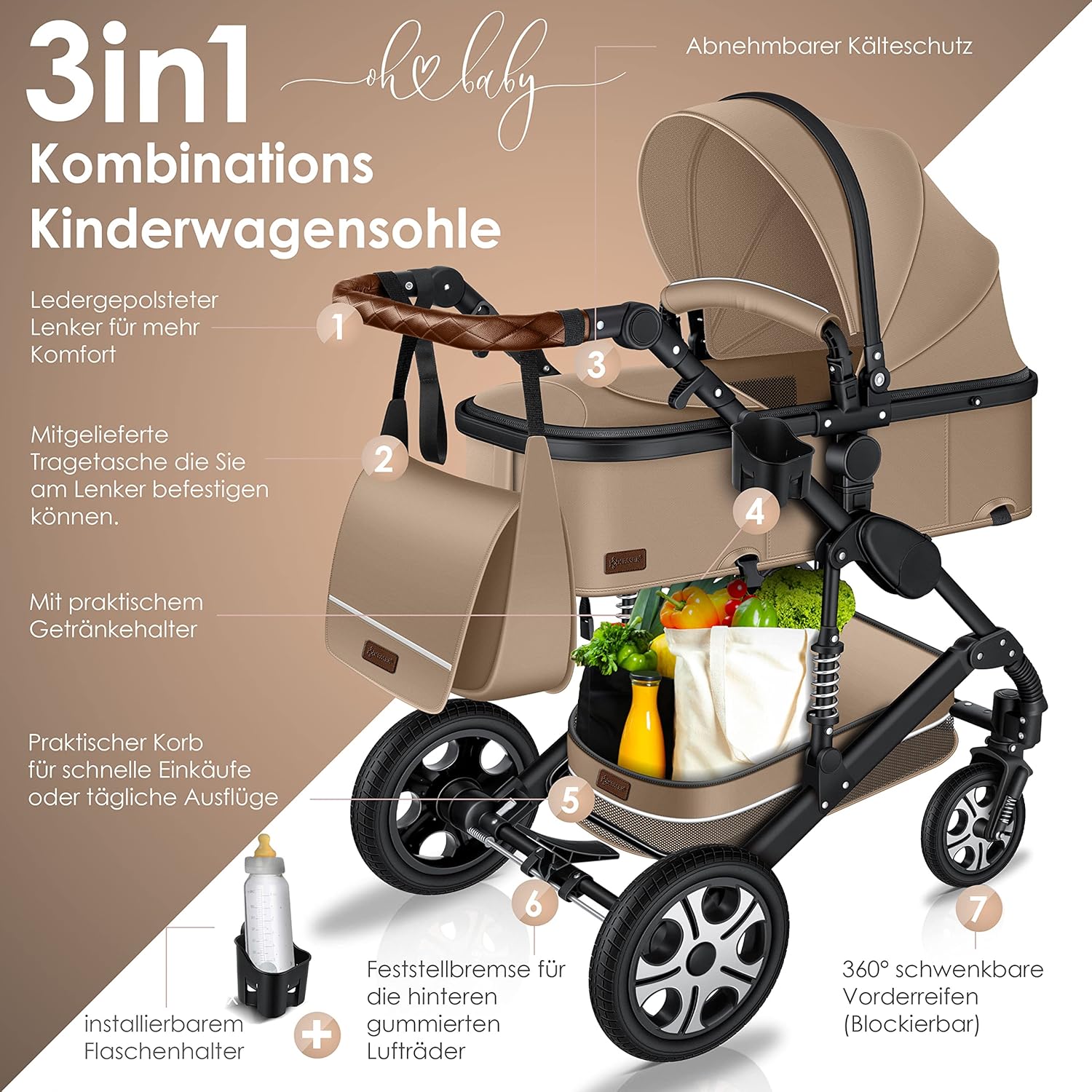 KESSER® Loops 3 in 1 Kinderwagen Kombikinderwagen Komplett-Set inkl. Babywanne & Buggy Sportsitz & Auto-Babyschale Voll-Gummireifen Wickeltasche Regenschutz Kindertisch ECE R129, Grau/Silber