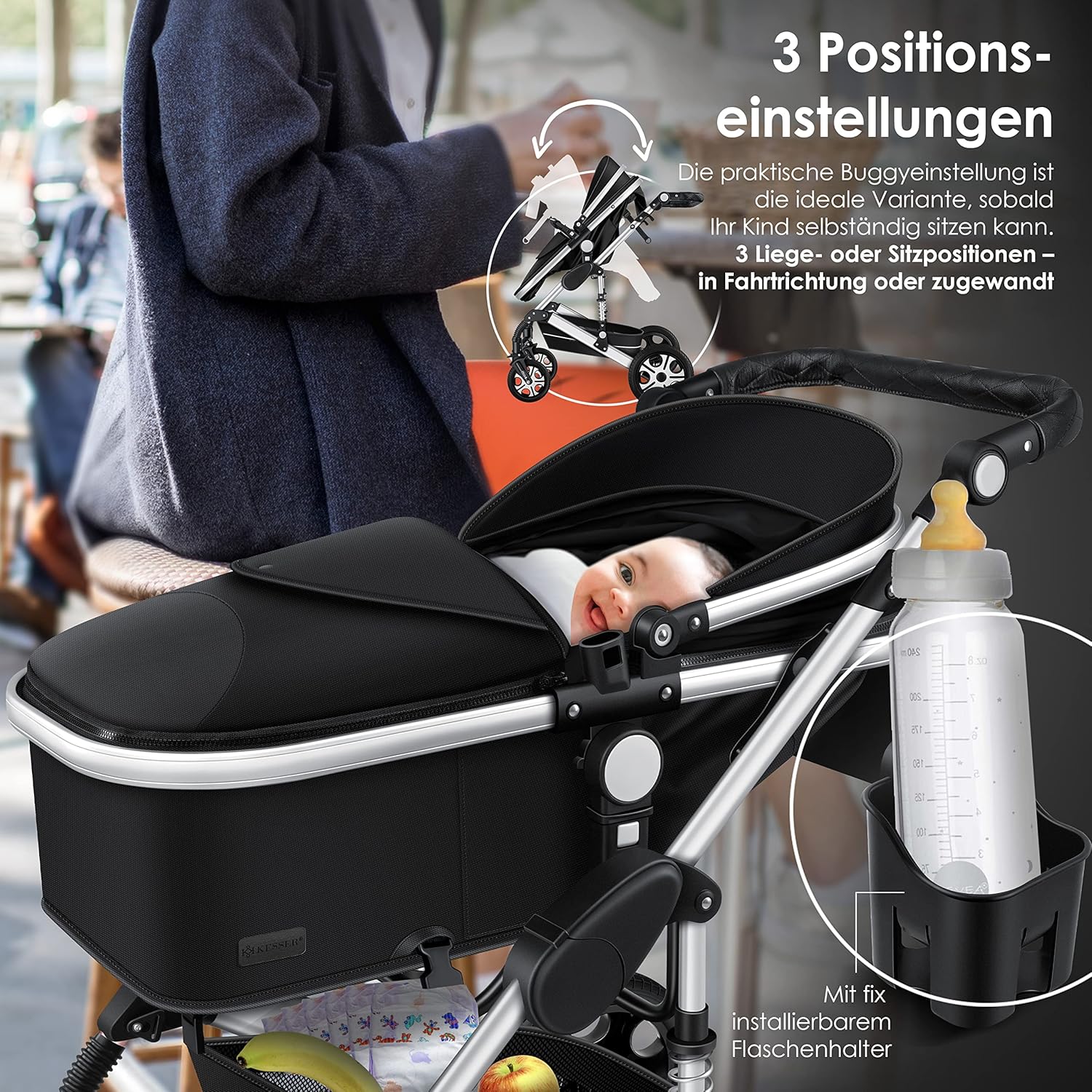 KESSER® Loops 3 in 1 Kinderwagen Kombikinderwagen Komplett-Set inkl. Babywanne & Buggy Sportsitz & Auto-Babyschale Voll-Gummireifen Wickeltasche Regenschutz Kindertisch ECE R129, Grau/Silber