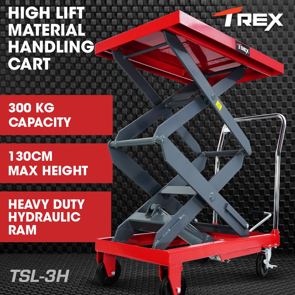 T-REX 300KG Hydraulic High Lift Double Scissor Trolley, 1.3M Max Platform Hgt, Heavy-Duty, for Material Handling