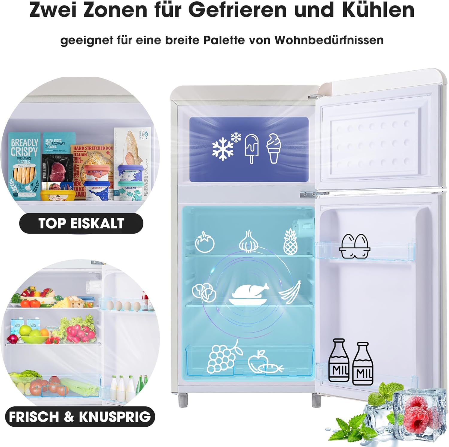 Merax Retro Kühlschrank, Doppeltür, 72L Gesamtvolumen, 21L Gefrierfach, Energieklasse E, 120 kWh/Jahr, LED-Beleuchtung, 3 verstellbare Einlegeböden Weiß