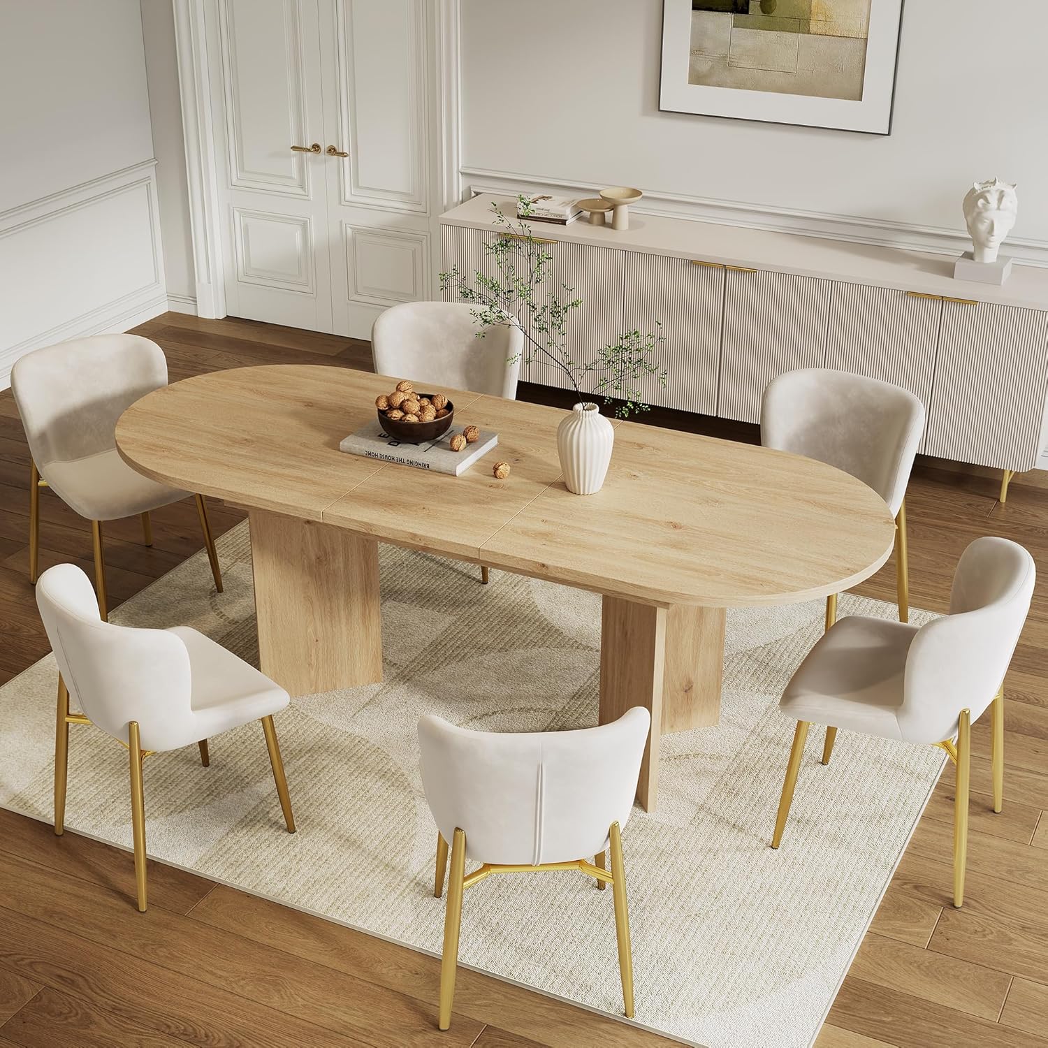 Juego de mesa de comedor (incluye mesa de comedor y 6 sillas), mesa de comedor extensible de 120/160 x 80 cm, con esquinas redondeadas y tablero grueso, sillas de terciopelo, color beige +