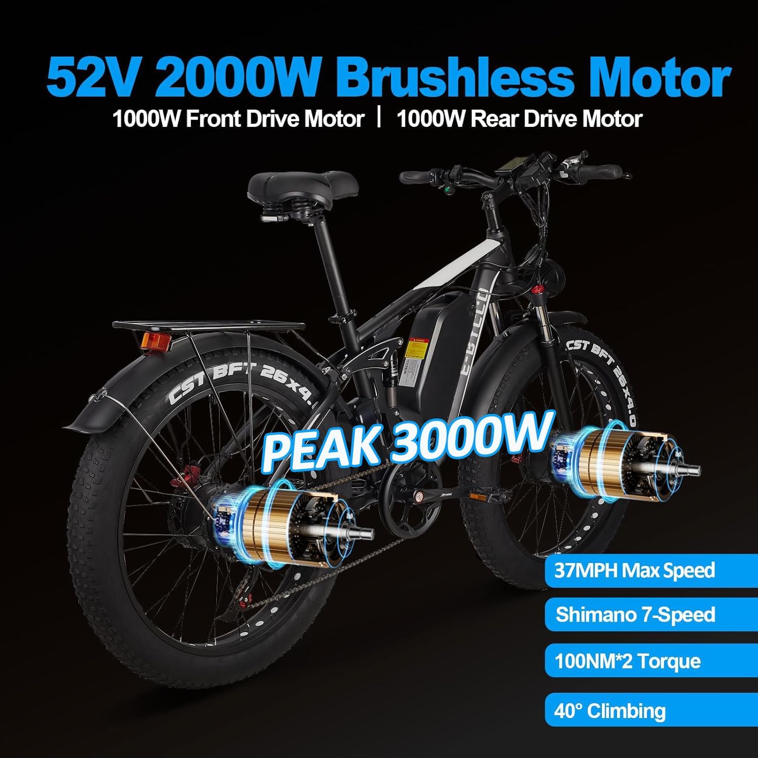 E·Bycco Dual Motors 2000W Peak 3000W Electric Bike for Adults, 37MPH 52V 23Ah Battery Bicycle, Full Suspension 26*4.0 Fat Tire Hydraulic Disc Brake E-Bike, Off-Road Mountain Hunting E-Bikes for Men