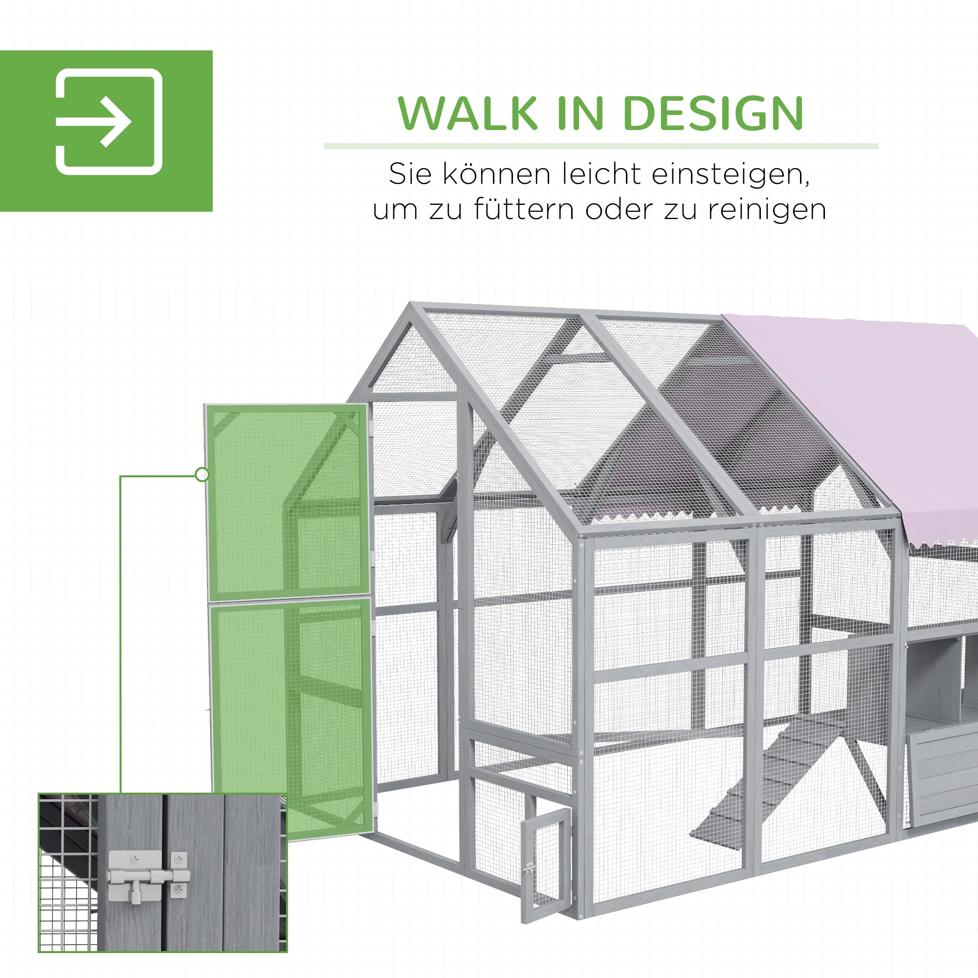 PawHut Kippenren Kippenhok Kippenhuis, toegankelijk, weerbestendig, 280 x 185,5 x 188 cm, Grijs
