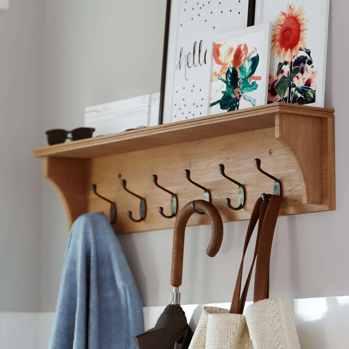 Wallniture Mante Key Holder for Wall, Decorative Mail Holder with Shelf, Large Coat Hooks, Wood Wall Key Hanger