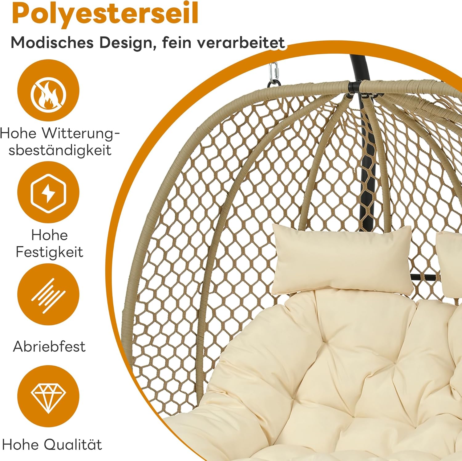 Doppelschaukelstuhl Ei-Form | Hängesessel mit Ständer, Fußauflage & Kissen | Gartenhängstuhl für Indoor & Outdoor | Belastbar bis 150kg (Beige)