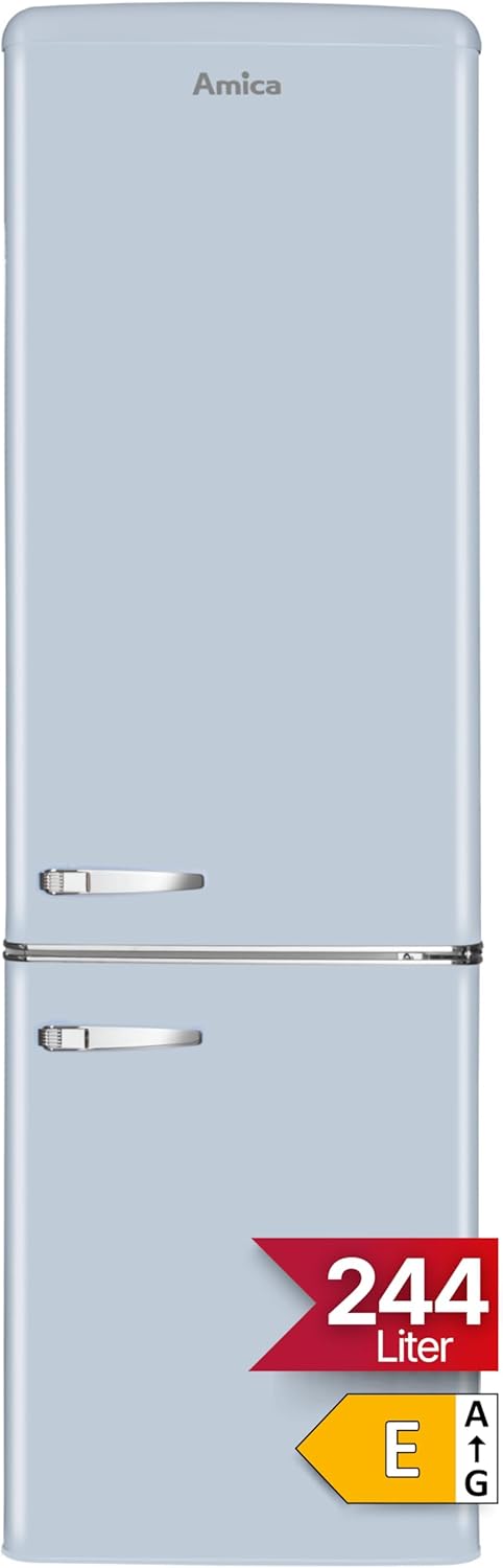 Amica KGCR 387 100 L Retro Kühl-/Gefrierkombination / Baby Blue (Hellblau) / 181cm (H) x 55cm (B) x 62cm (T) / Retro-Design / Kühlschrank mit Gefrierfach
