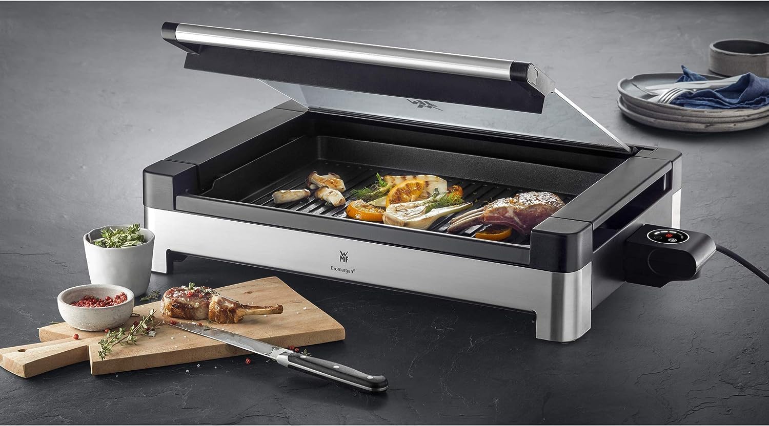 WMF Lono Tischgrill elektrisch mit Glasdeckel, beschichtete Grillplatte, herausnehmbare Auffangschale, spülmaschinenfest, Edelstahl matt, 2200 Watt