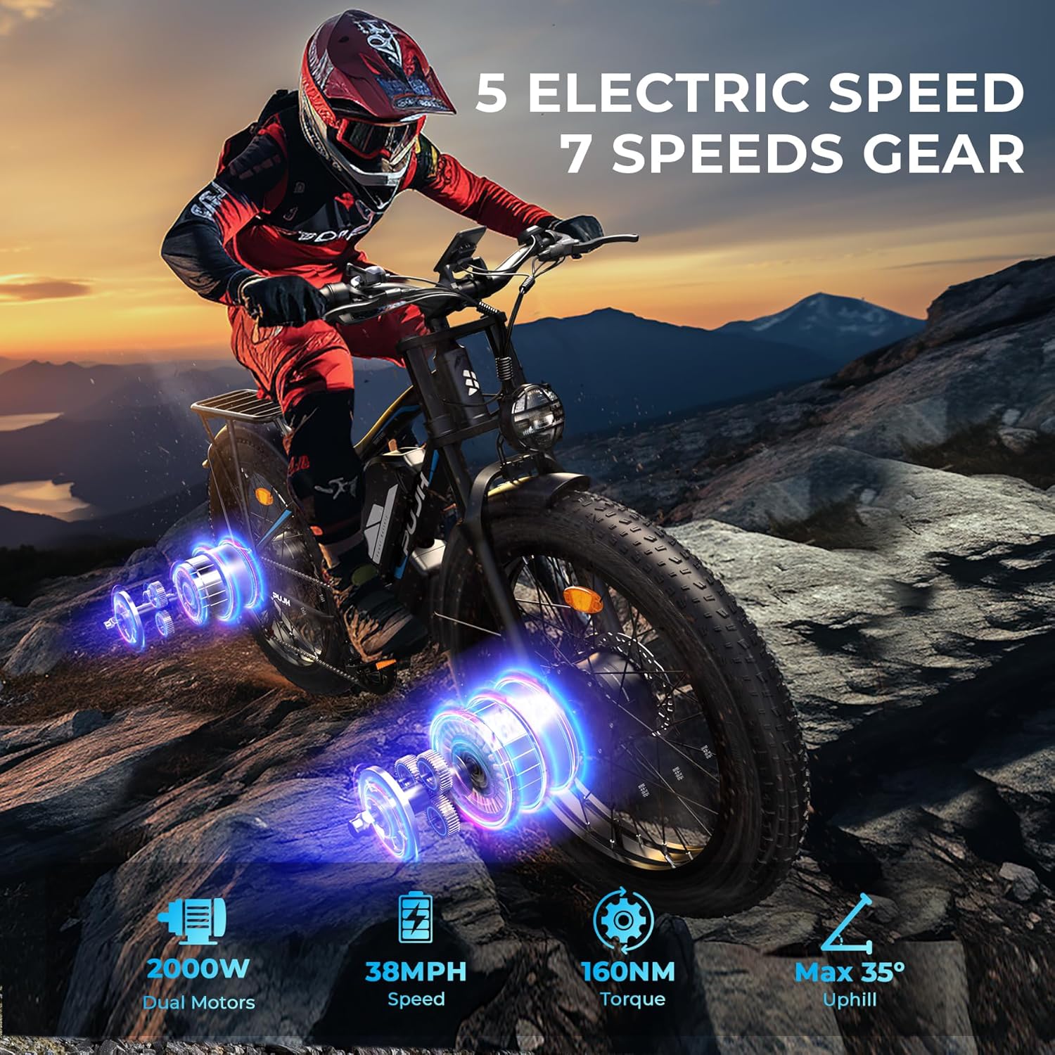 PUJH Snow Electric Bike, 52V 25Ah(1300Wh) Peak 3000W Dual Motor 26 Fat Tire Ebike for Adult, Max 36 mph & 40-110 Miles Electric Moped with Hydraulic Brakes, Off Road, Dirt, Mountain E Bicycle for Men