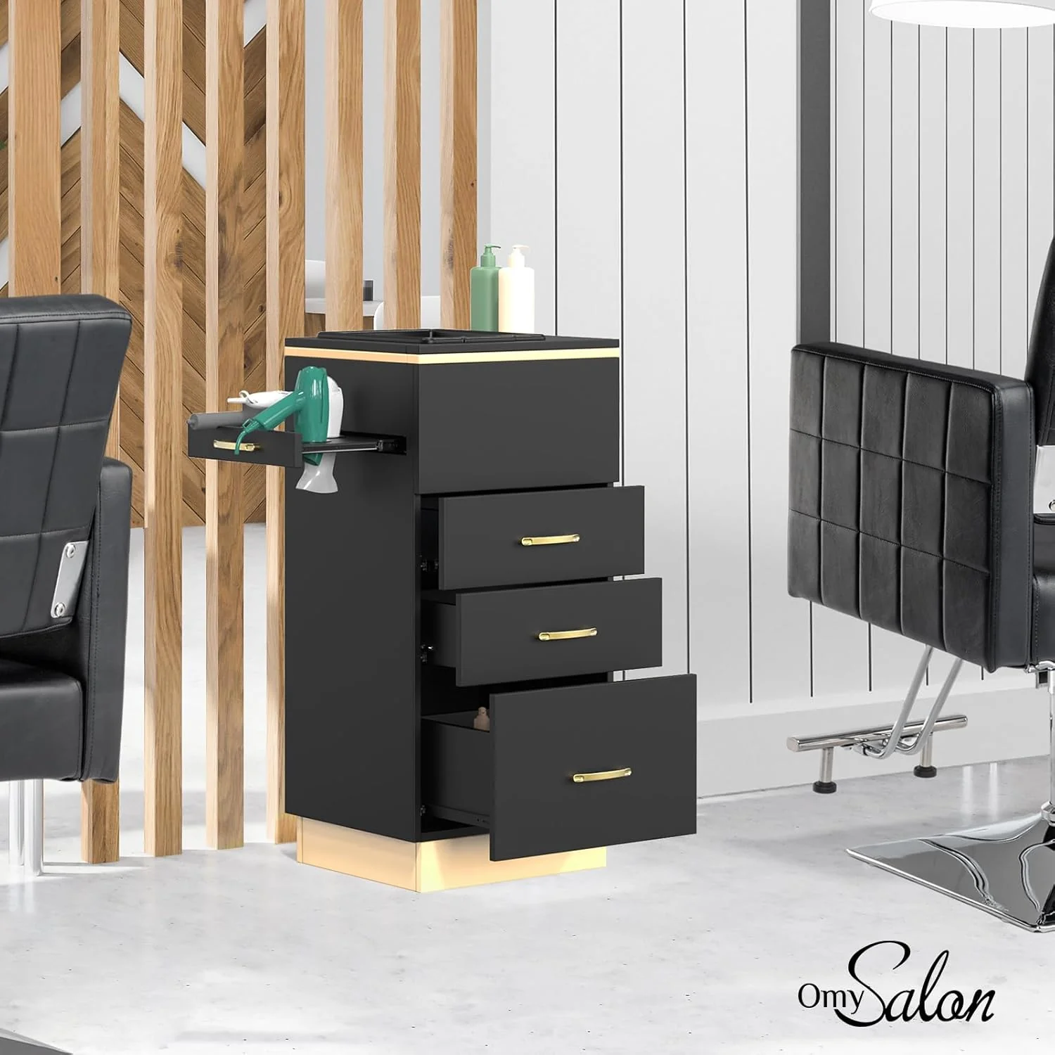 OmySalon Salon Storage Station, Barber Stations Beauty Salon Spa Equipment with 3 Drawers, a Storage Basin, 3 Hair Dryer Holders for Hair Styling, White Gold