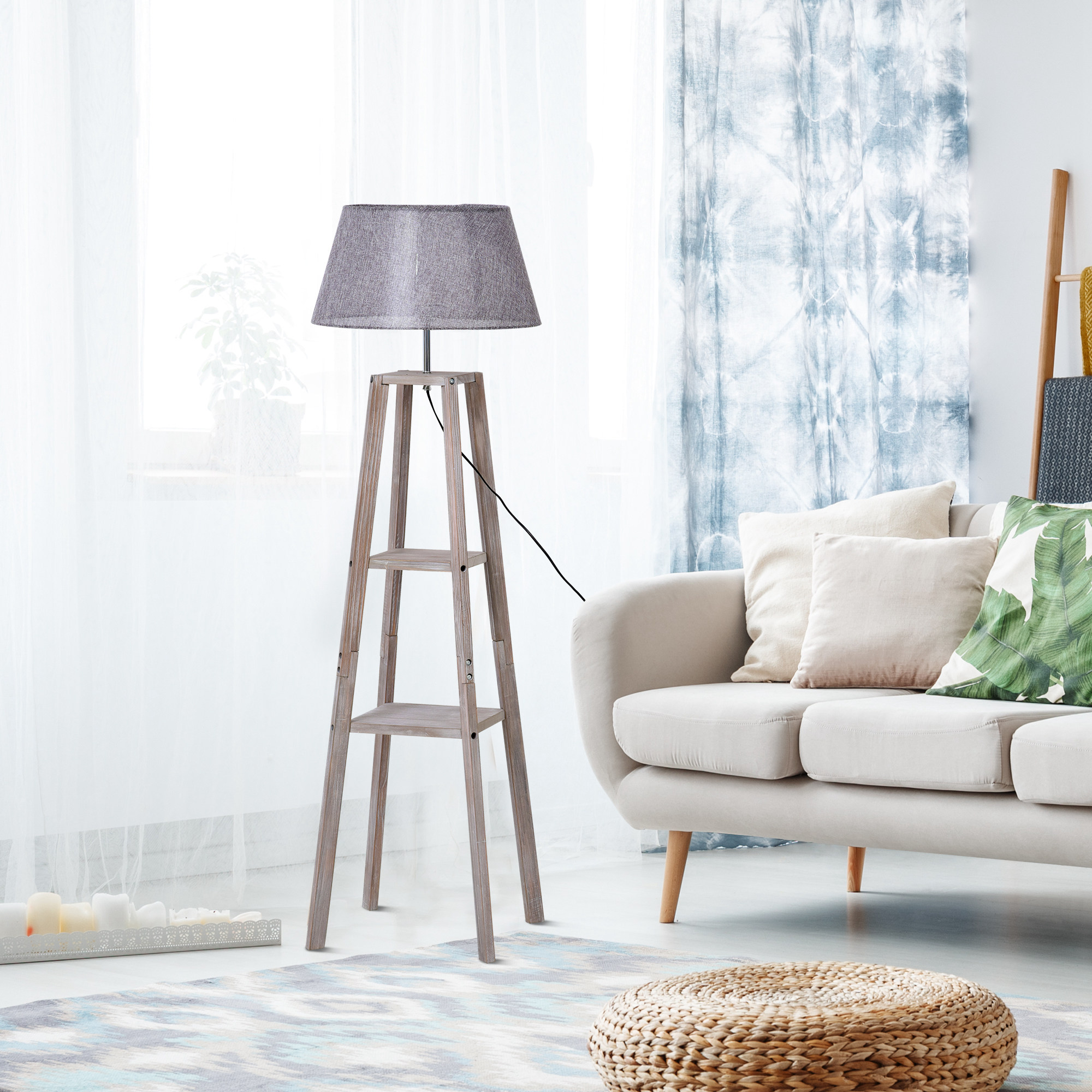 Staande lamp met schappen, Scandinavische schemerlamp, lamp, linnen, grenen hout, natuurlijk, grijs, 45 x 45 x 148 cm schappen vloerlamp lamp grenen naturel grijs | Aosom.de