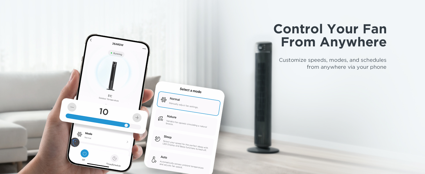 Text reads 'Control Your Fan From Anywhere'. Image shows hands holding smartphone with fan control app displayed, next to a white smart fan device on a surface.