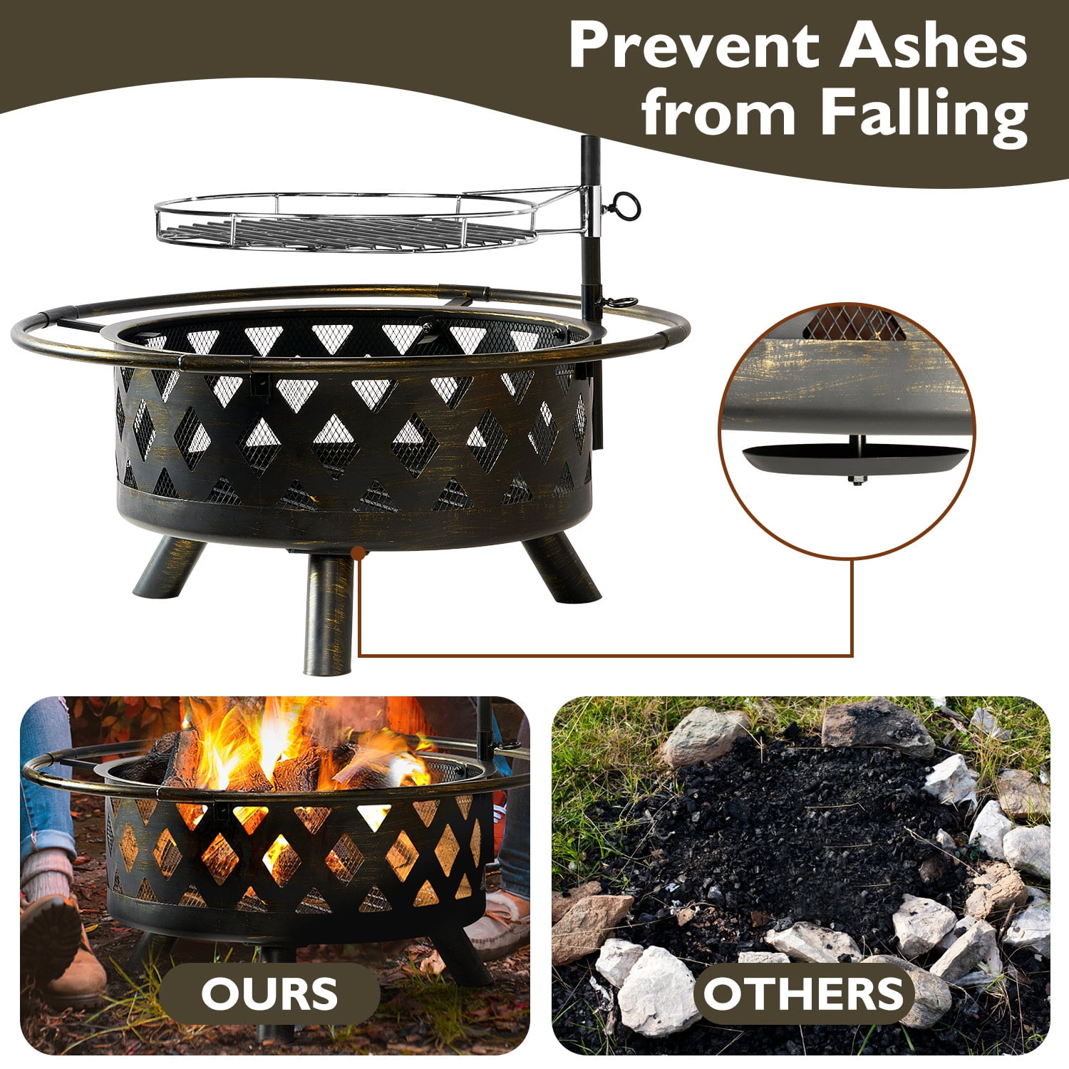 BaPiPro Fire Pit for Outside 30 inch Outdoor Wood Burning Firepit Large Steel Firepit Bowl with Removable Cooking Swivel BBQ Grill for Backyard Bonfire Patio