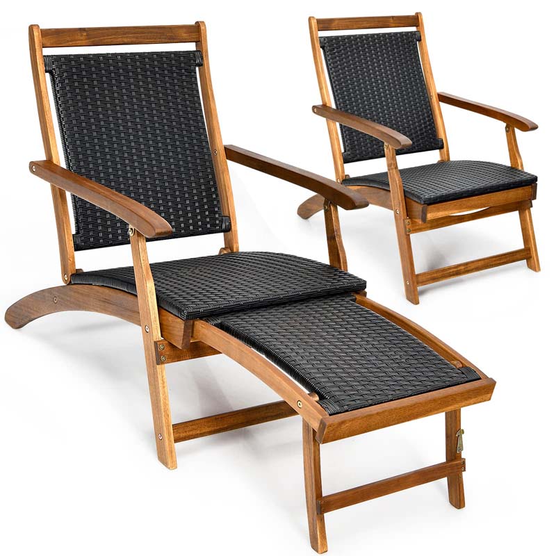 2 Pcs Acacia Wood Folding Chaise Lounge Chair Outdoor Foldable Deck Chair Portable Wicker Lounger With Retractable Footrest - Comfortable And Ergonomic Design