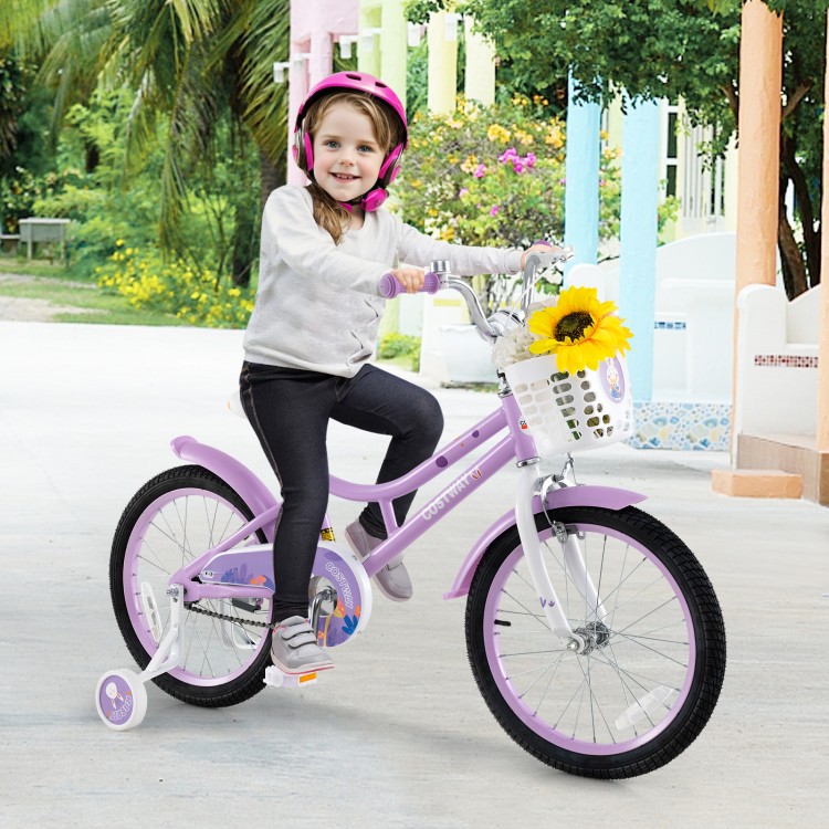 18 Inch Girl Bike with Basket with Detachable Training Wheels for 4-8 Years Old