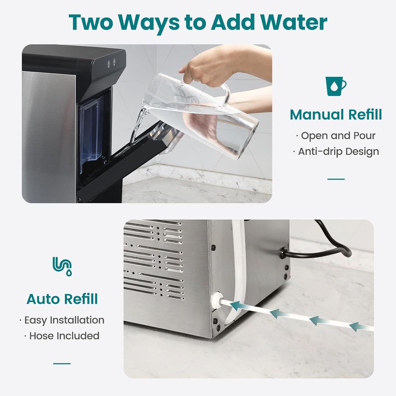 V2.0 Countertop Gemi Nugget Ice Maker | Self-Cleaning Pellet Ice Machine | Open and Pour Water Refill | Stainless Steel Housing | Fit Under Wall Cabinet | White