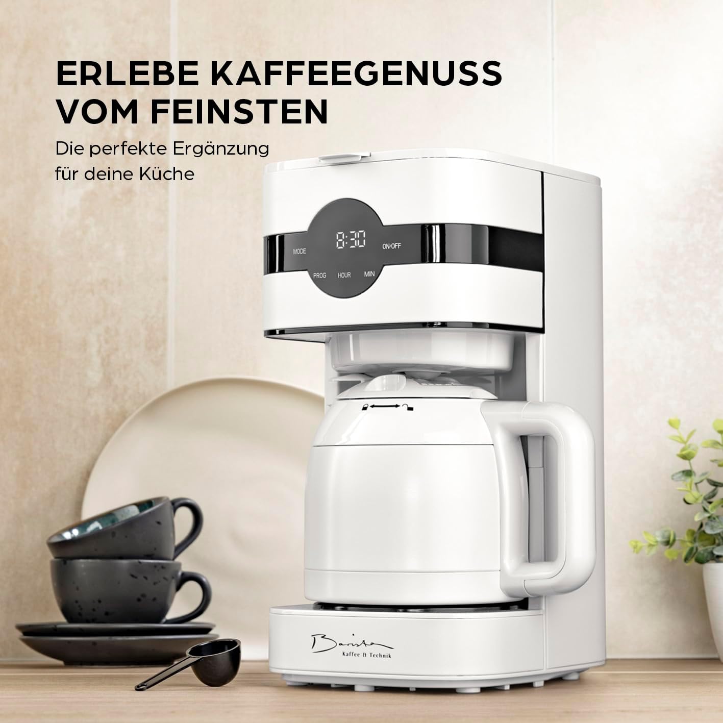 Barista Filterkaffeemaschine mit verstellbarem Mahlwerk & Thermokanne | Warmhaltefunktion, 24h Timer & Permanentfilter | Für 10 Tassen Kaffee | Kaffeemaschine für Bohnen & Pulver [Edelstahl]