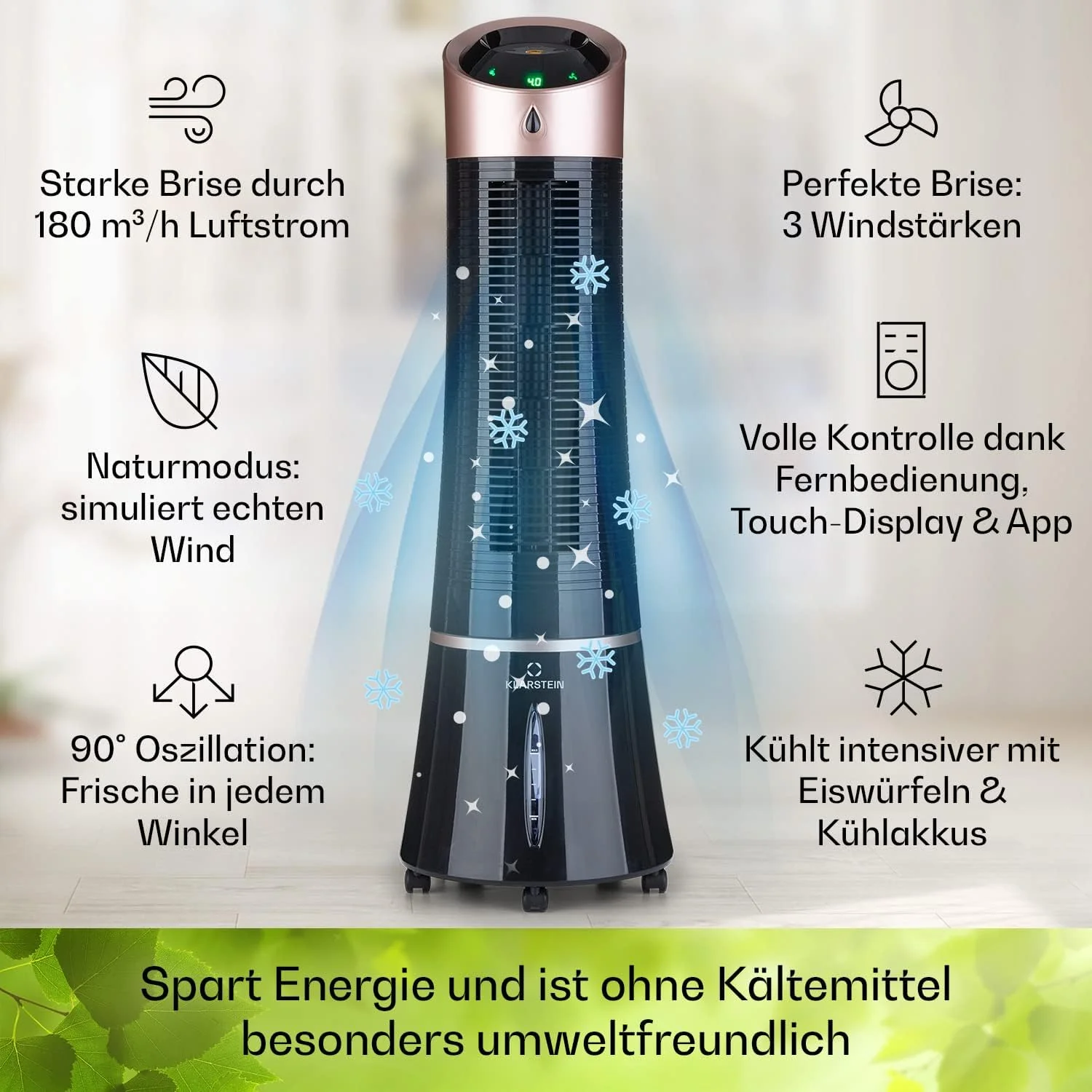 Klarstein 4-in-1: Slimme luchtkoeler, ventilator, luchtbevochtiger & ionisatie I 6 L watertank, oscillatie, 30 W, 210 m3/u, timer I Klimaatregelaar zonder afvoerslang, Mobiele airconditioner, Zwart-ros��goud