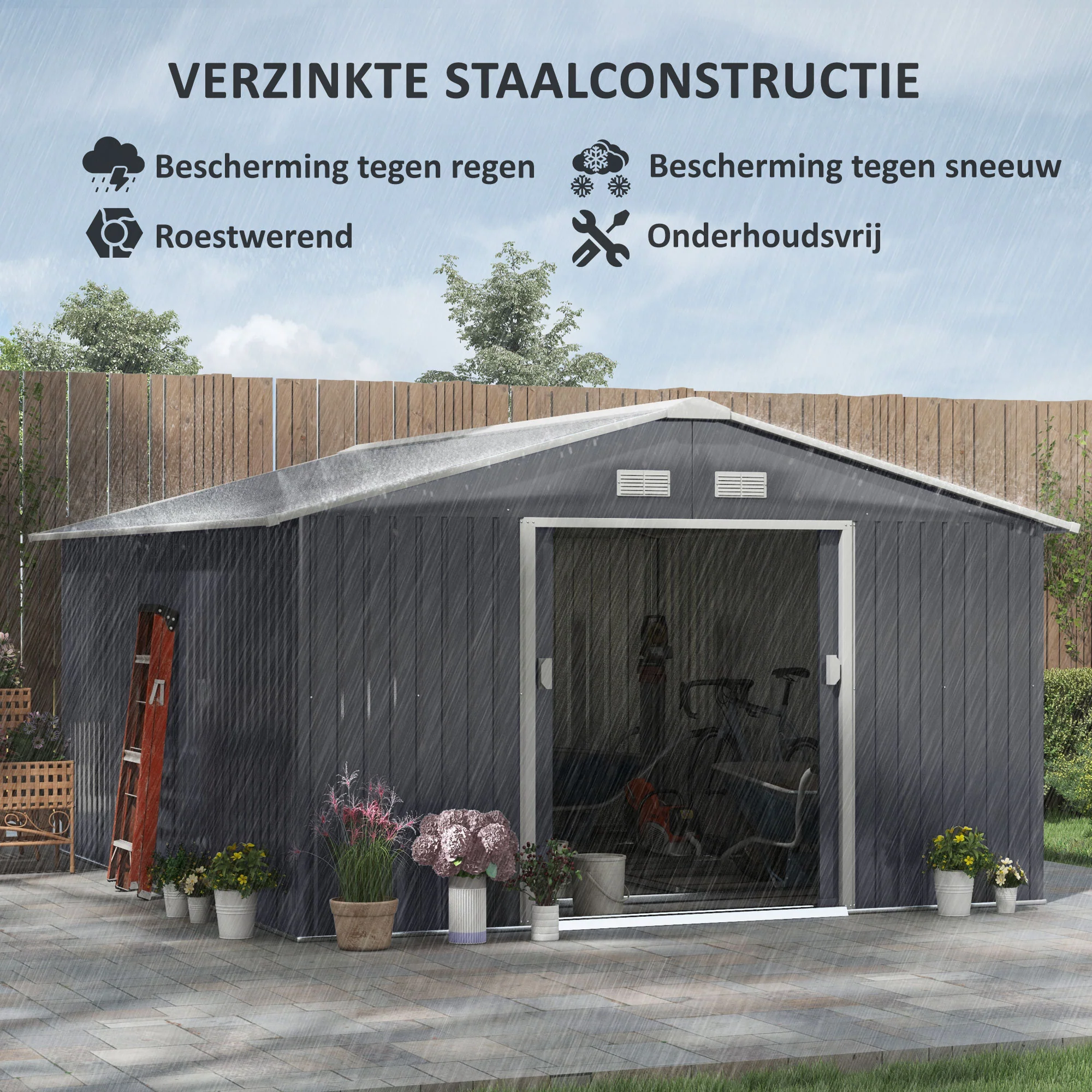 Outsunny Gereedschapsschuur met fundering 24,5 m³ gereedschapsschuur tuinhuisje stalen schuifdeur