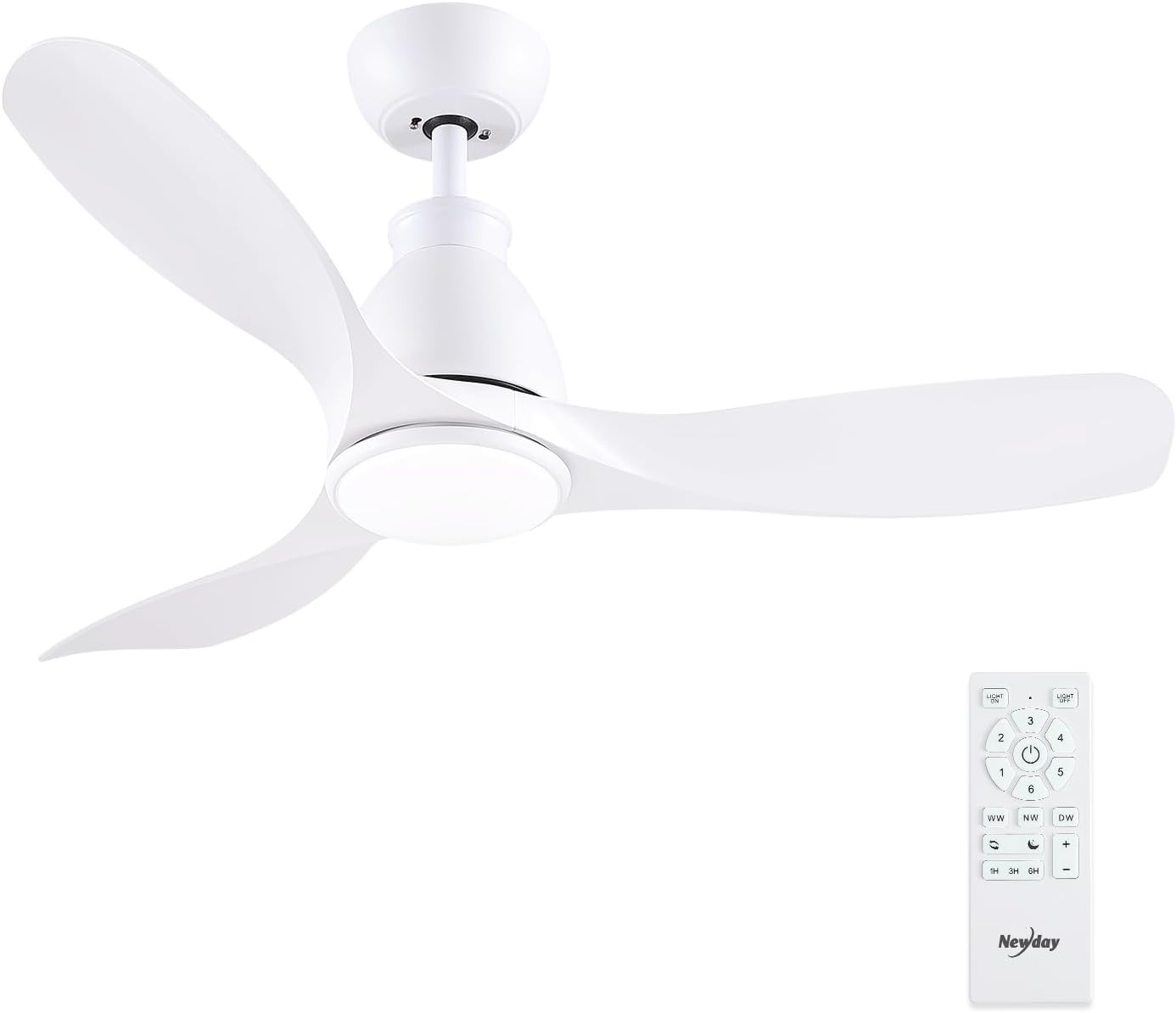 Newday Deckenventilatoren Weiß mit Beleuchtung und Fernbedienung, 106cm Ventilator Lampe Decke mit 3 Flügel, Ventilator mit Licht Stufenlos Dimmbare, Schlafmodus, Zeitgeber für Schlafzimmer Wohnzimmer