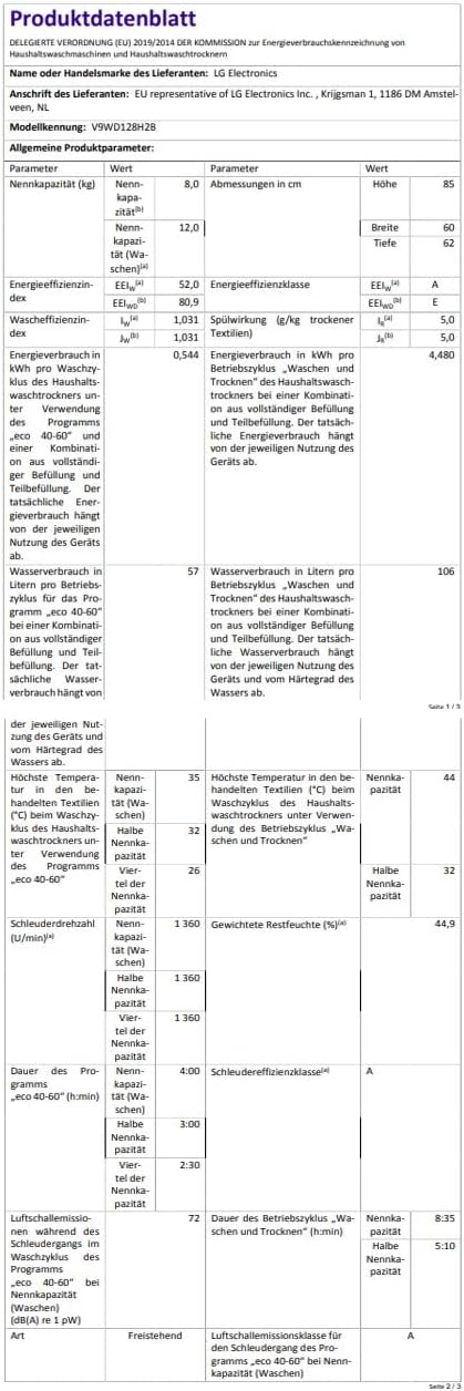LG V7WD107H2E, Klasse E, Frontlader-Waschtrockner 10,5 - 7 kg, 1400 U/min, AI Direct Drive, Wi-Fi, Tiefenreinigung mit Dampf, TurboWash, Größere Kapazität, 62 x 60 x 85 cm ꟷ Weiß