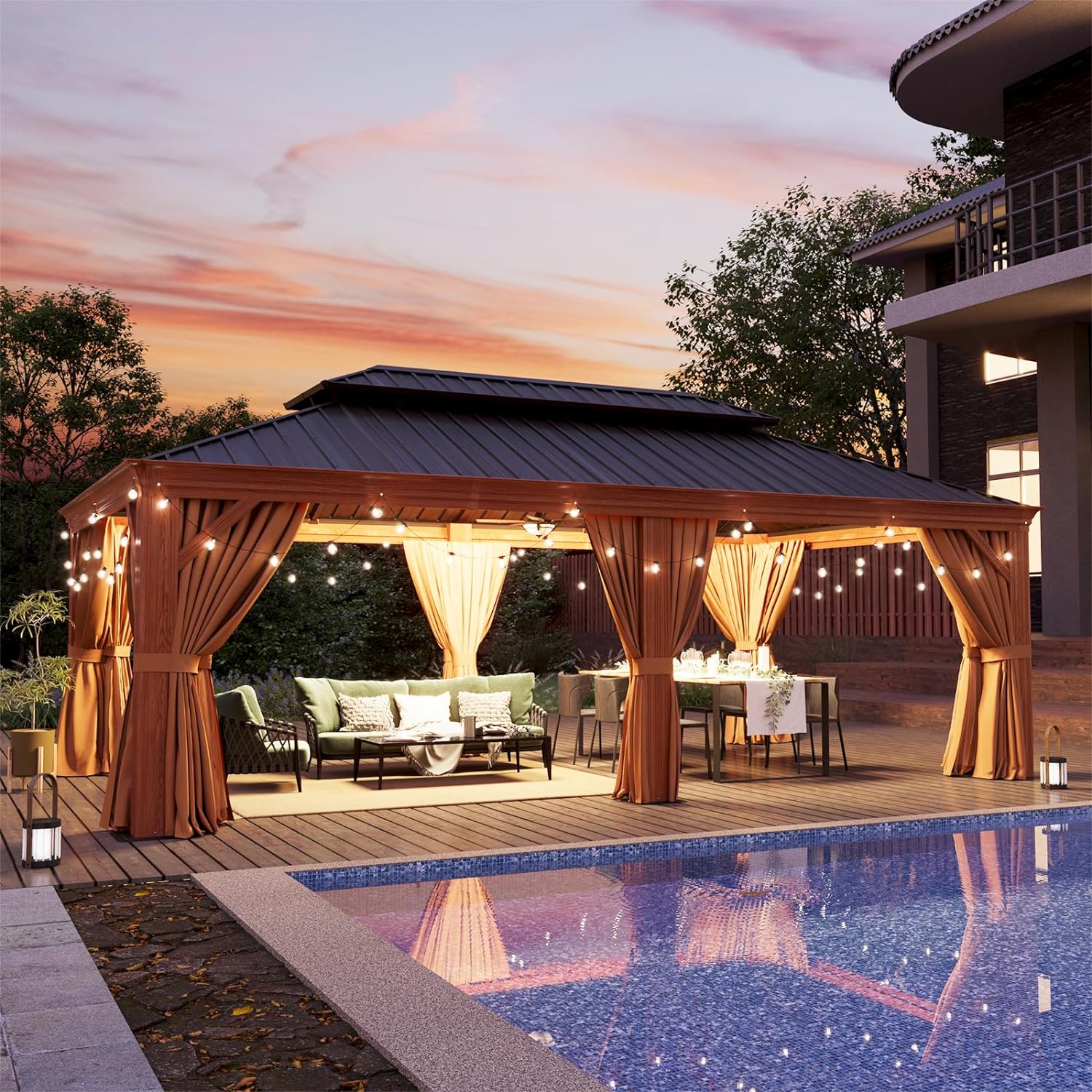 Wood Grain Hardtop Gazebo with Rain Gutter