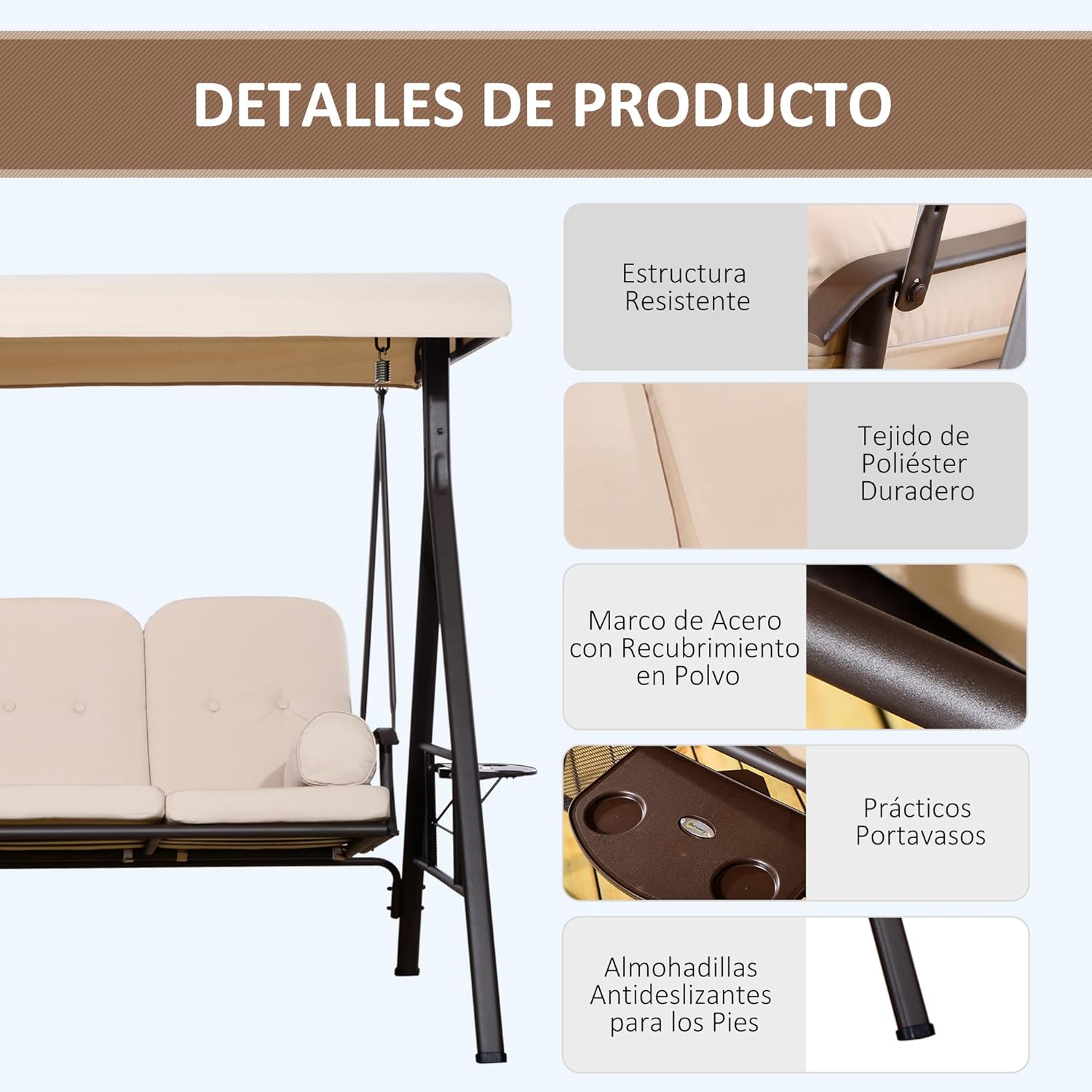 Outsunny Balancín de Jardín Exterior de 3 Plazas Columpio de Jardín Exterior con Toldo Ajustable Bandejas Laterales 2 Almohadas y Marco de Metal Carga 360 kg 208x121x172 cm Beige
