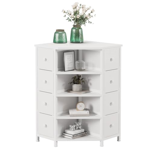LUMTOK Comò angolare con 8 cassetti in tessuto e ripiani aperti per piccoli spazi, camera da letto, ingresso, soggiorno (bianco) : Amazon.it: Casa e cucina