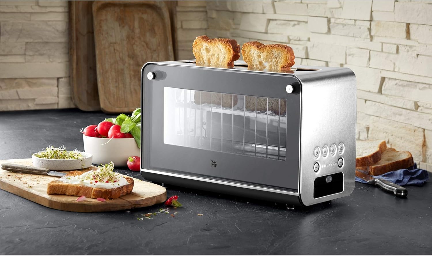 WMF Lono Toaster Glas mit Brötchenaufsatz, 2 Scheiben, XXL, motorisierte Toastaufnahme & Lono 2 in 1 Vario Wasserkocher, mit Temperatureinstellung, 1,4-1,7 l, 3000 W, Teekocher Glas mit Teesieb