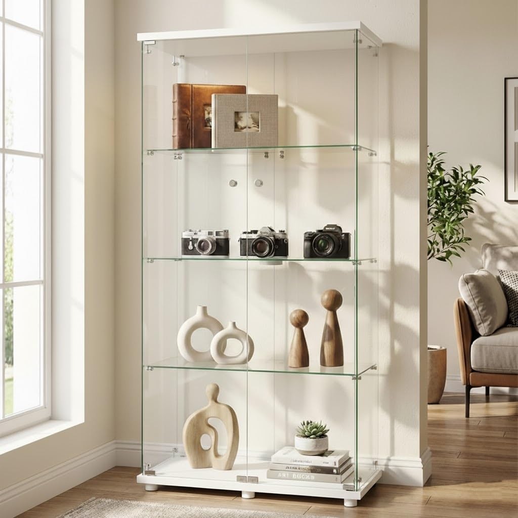 Vitrina de cristal, 164,5 cm, 2 puertas, 4 capas, vitrina de pie, armario de colección, armario alto para salón, dormitorio, oficina (2 puertas, 4 capas, blanco)