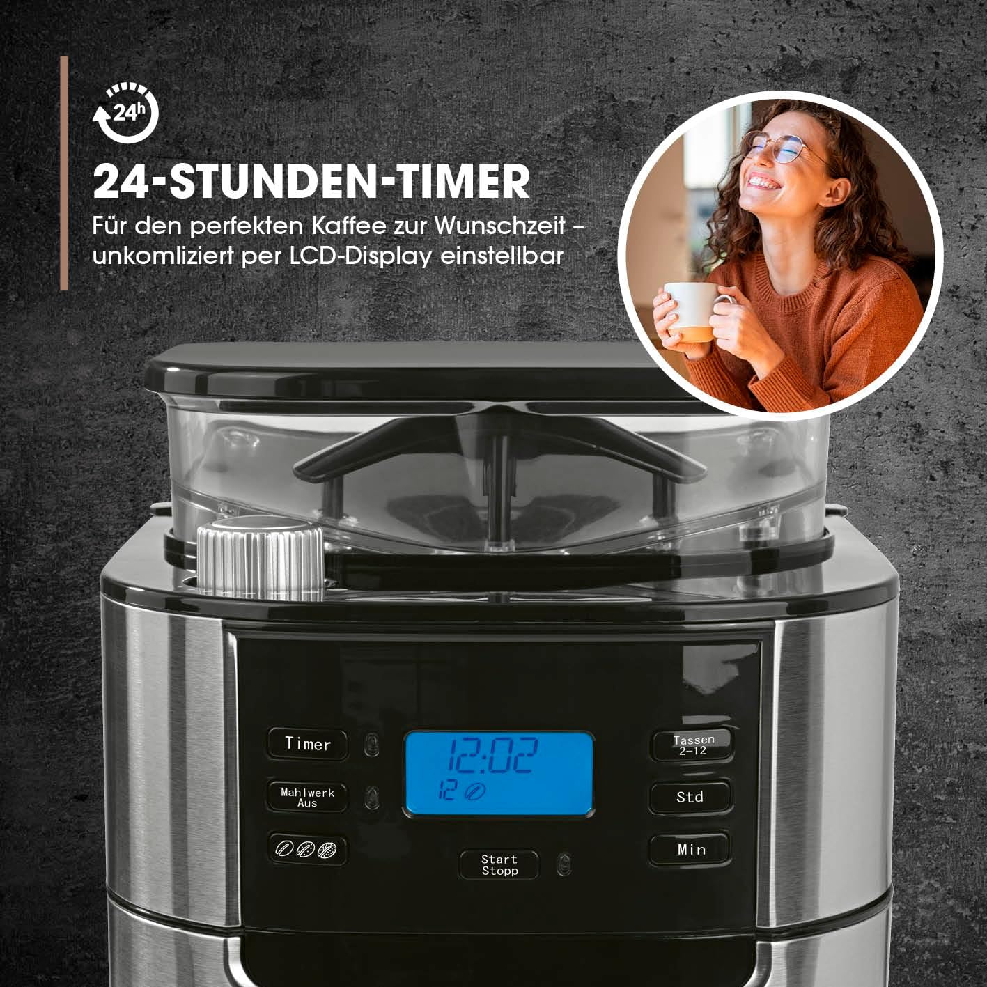 Barista Filterkaffeemaschine mit verstellbarem Mahlwerk & Thermokanne | Warmhaltefunktion, 24h Timer & Permanentfilter | Für 10 Tassen Kaffee | Kaffeemaschine für Bohnen & Pulver [Edelstahl]