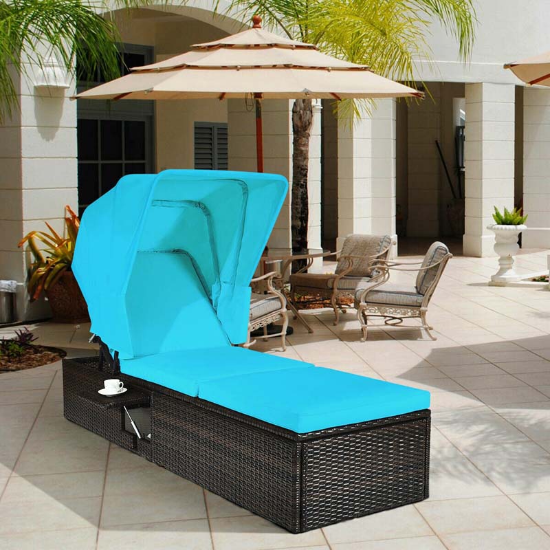 Cushioned Rattan Outdoor Chaise Lounge Chair Sun Lounger 5 Position With Folding Canopy Amp Flip Up Tea Table - Comfortable And Ergonomic Design
