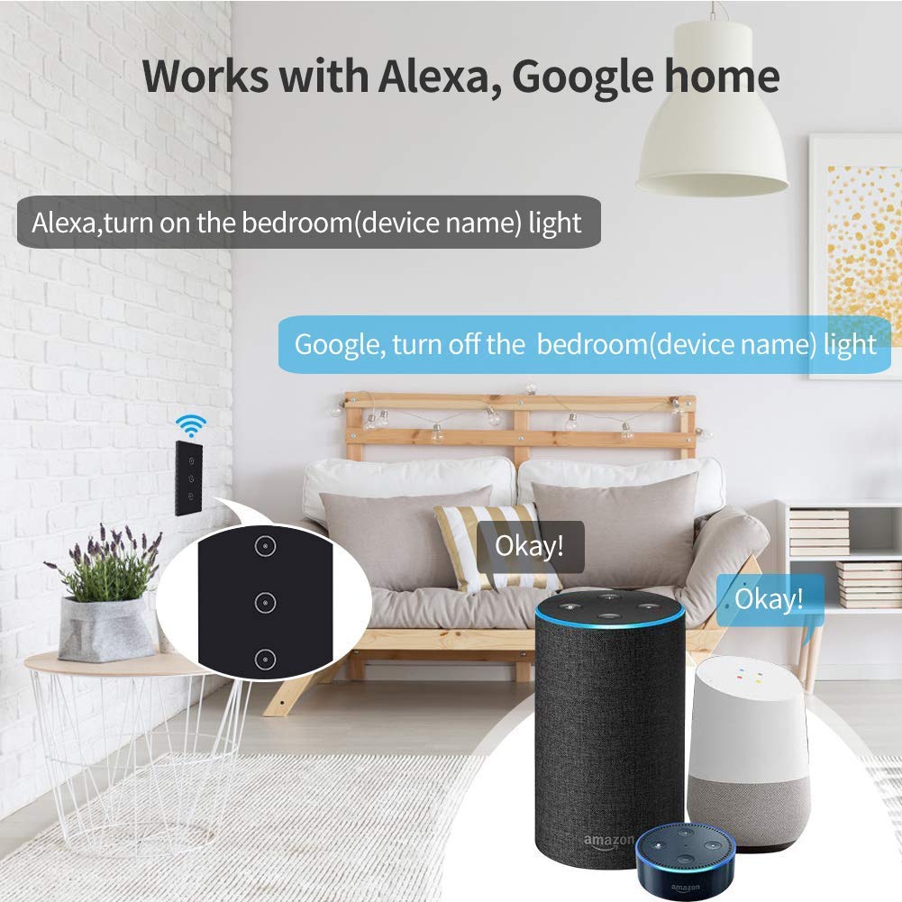 Jinvoo Smart 3-Gang Wall Light Switch, Touch Panel, Alexa & Google Home Compatible, No Hub Needed, 2-Pack, Black