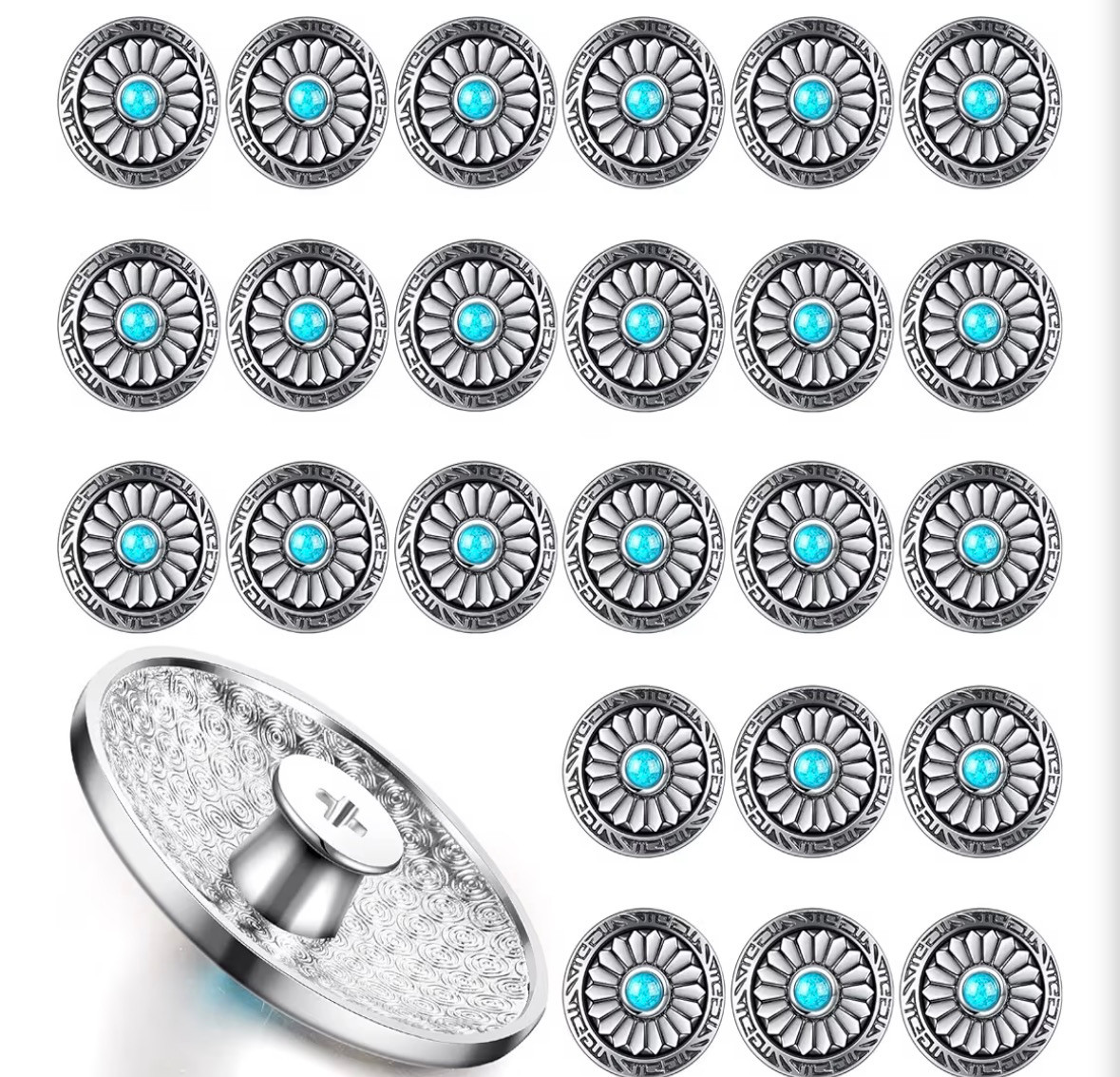 24 Pcs Silver Blue Faux Turquoise Round Conchos Sunflower Decorative  2546O