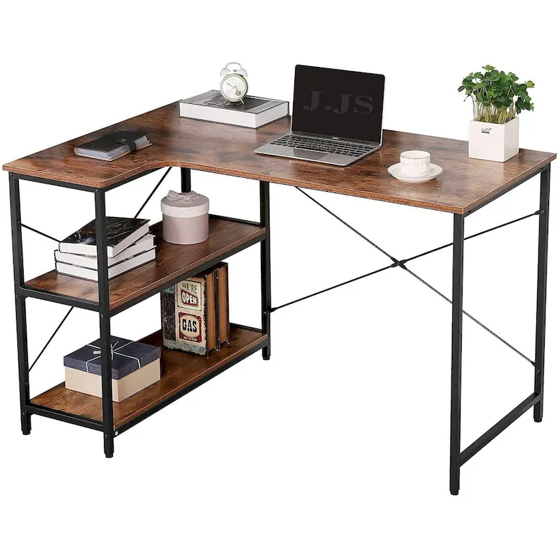 JJS L-Shaped Corner Desk for Home Office with Integrated Bookcase