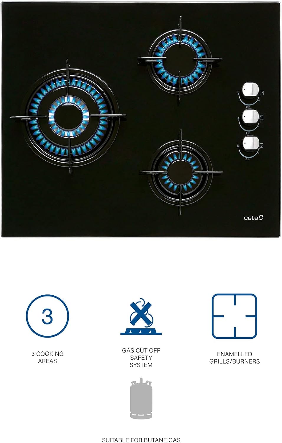 Cata Placa Cristal Gas, Modelo CIB 6021 BK, 3 Fuegos, Ancho 59 cm, Encimera de Gas Butano, Acabado en Cristal Negro