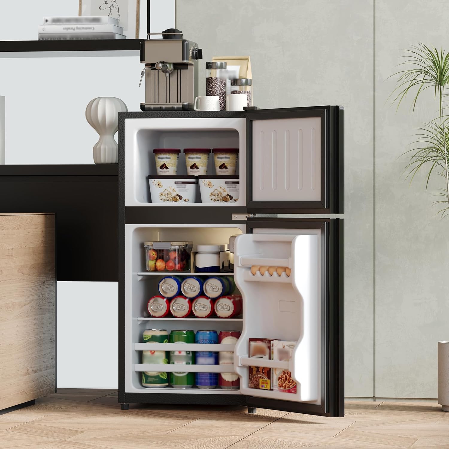 Merax Kühlschrank mit Gefrierfach, 60L Kleiner Kühlschrank, kompakt, Glastür, LED-Innenbeleuchtung, manuelle Temperaturregelung, Glasablagen, 45 dB(A), Mini Fridge für Studentenwohnheim Büro, Schwarz