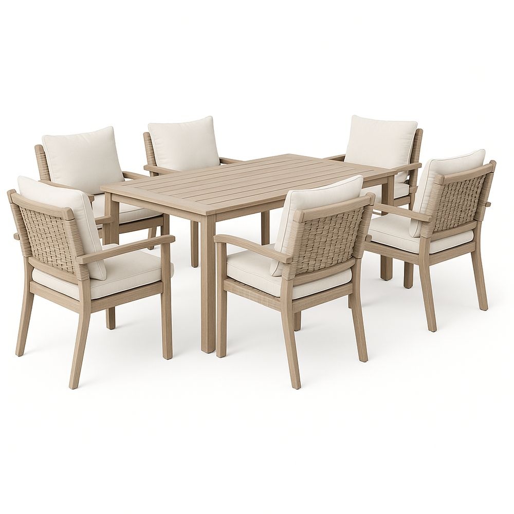 Mesa de 150 cm con 6 sillas de resina tejida y estructura de madera de acacia