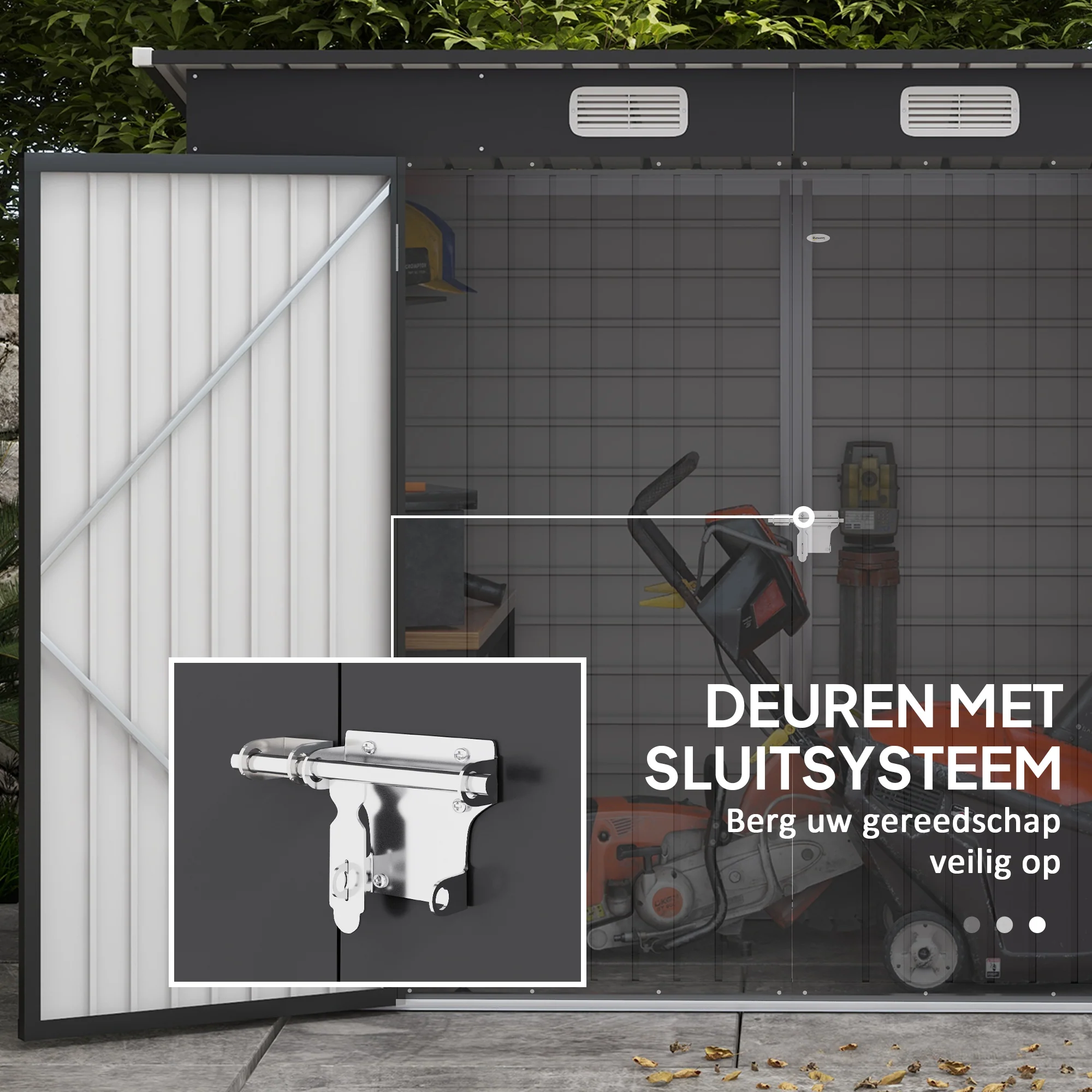 Outsunny Stalen tuinschuurtje, Geräteschuppen, Dubbele Deuren, 249B x 121D x 166/183H cm, Grijs